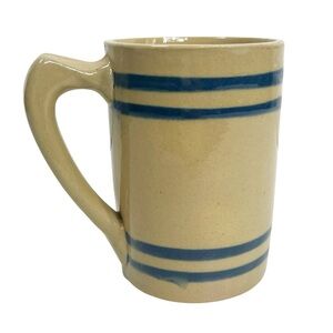 VINTAGE BUCKEYE Pottery Mug Tan Yellowware with Blue Stripes